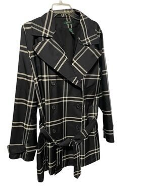 Quiet luxury Lauren Ralph Lauren black  ivory plaid double-breast trench coat XL